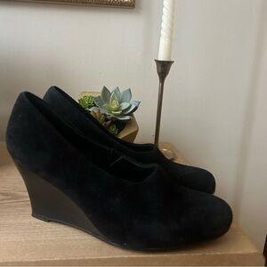 Eileen Fisher Milla Suede Wedge Heel Pumps Leather Shoes Black Classic Size 7.5